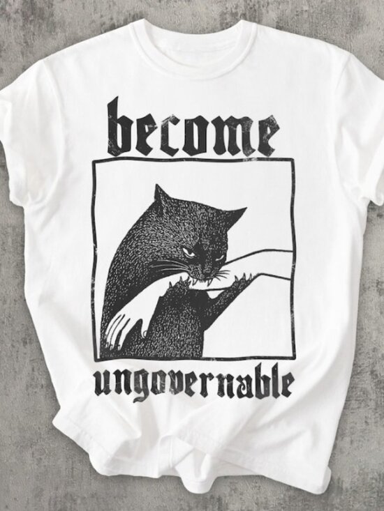 Tops - Become Ungovernable Funny Graphic Cat Biting Hand T-shirt